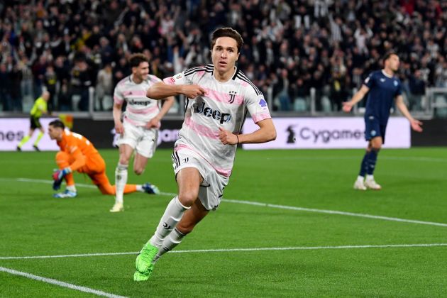 TURIN, ITALY - APRIL 02: Federico Chiesa of Juventus celebrates scoring his team's first goal during the Coppa Italia Semi-Final match between Juventus FC and SS Lazio at the Allianz Stadium on April 02, 2024 in Turin, Italy. (Photo by Valerio Pennicino/Getty Images)