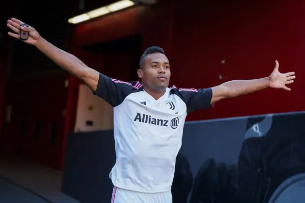 SANTA CLARA, CALIFORNIA - JULY 22: Alex Sandro of Juventus walks to the pitch for a training session after the planned friendly against Barcelona was cancelled, at Levi's Stadium on July 22, 2023 in Santa Clara, California. (Photo by Loren Elliott/Getty Images)