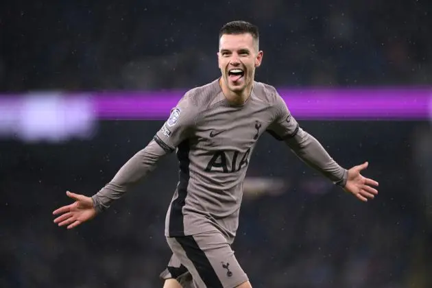 MANCHESTER, ENGLAND - DECEMBER 03: Giovani Lo Celso of Tottenham Hotspur celebrates after scoring the team's second goal during the Premier League match between Manchester City and Tottenham Hotspur at Etihad Stadium on December 03, 2023 in Manchester, England. (Photo by Stu Forster/Getty Images)