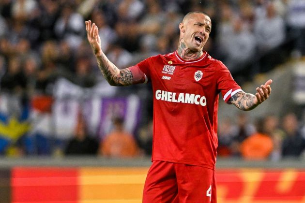 Antwerp midfielder Radja Nainggolan looks dejected during a soccer match between RSC Anderlecht and RAFC Antwerp, Thursday 12 May 2022 in Antwerp, on day 4 of the Champions' play-offs of the 2021-2022 'Jupiler Pro League' first division of the Belgian championship. BELGA PHOTO LAURIE DIEFFEMBACQ (Photo by LAURIE DIEFFEMBACQ / BELGA MAG / Belga via AFP) (Photo by LAURIE DIEFFEMBACQ/BELGA MAG/AFP via Getty Images)