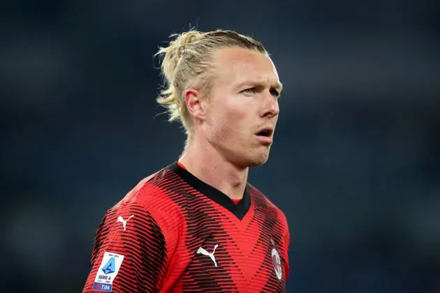 ROME, ITALY - MARCH 01: Simon Kjaer of AC Milan looks on during the Serie A TIM match between SS Lazio and AC Milan - Serie A TIM at Stadio Olimpico on March 01, 2024 in Rome, Italy. (Photo by Paolo Bruno/Getty Images)