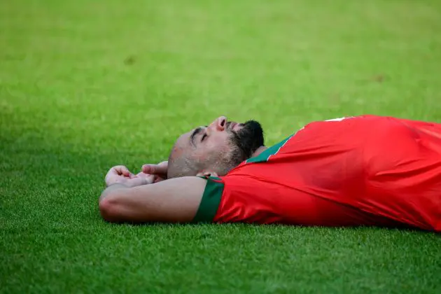 TOPSHOT - Morocco midfielder Sofyan Amrabat reacts at the end of the Africa Cup of Nations (CAN) 2024 group F football match between Morocco and DR Congo at Stade Laurent Pokou in San Pedro on January 21, 2024. (Photo by SIA KAMBOU / AFP) (Photo by SIA KAMBOU/AFP via Getty Images)