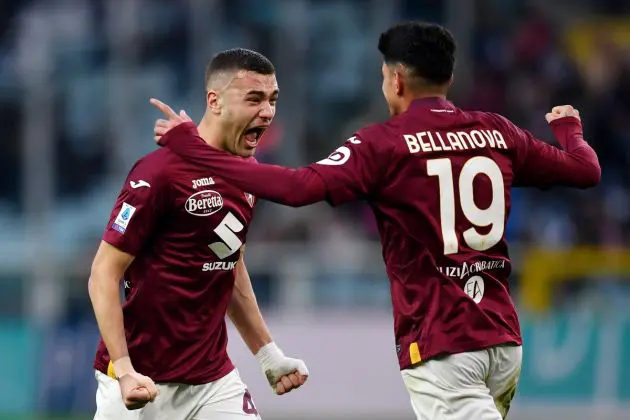 TURIN, ITALY - JANUARY 07: Alessandro Buongiorno of Torino FC celebrates scoring his team's third goal with teammate Raoul Bellanova during the Serie A TIM match between Torino FC and SSC Napoli at Stadio Olimpico di Torino on January 07, 2024 in Turin, Italy. (Photo by Valerio Pennicino/Getty Images)