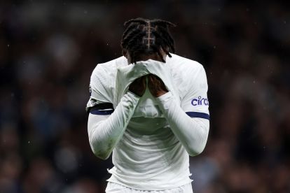 LONDON, ENGLAND - OCTOBER 23: Italy international Destiny Udogie of Tottenham Hotspur reacts after a missed chance during the Premier League match between Tottenham Hotspur and Fulham FC at Tottenham Hotspur Stadium on October 23, 2023 in London, England. (Photo by Alex Pantling/Getty Images)