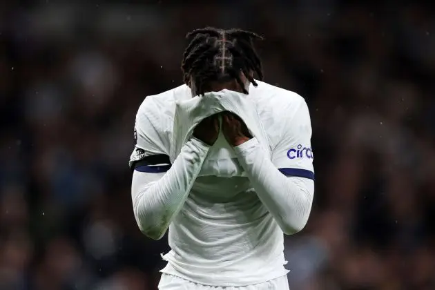 LONDON, ENGLAND - OCTOBER 23: Destiny Udogie of Tottenham Hotspur reacts after a missed chance during the Premier League match between Tottenham Hotspur and Fulham FC at Tottenham Hotspur Stadium on October 23, 2023 in London, England. (Photo by Alex Pantling/Getty Images)