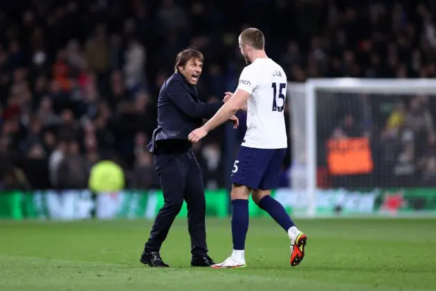 LONDON, ENGLAND - NOVEMBER 21: Antonio Conte, Manager of Tottenham Hotspur congratulates Eric Dier of Tottenham Hotspur after victory in the Premier League match between Tottenham Hotspur and Leeds United at Tottenham Hotspur Stadium on November 21, 2021 in London, England. (Photo by Ryan Pierse/Getty Images)