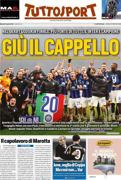 Today’s Papers – Interstellar, 20th Scudetto sealed in derby