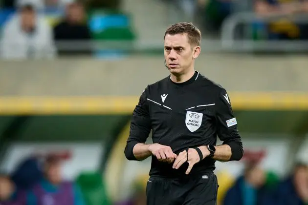 WROCLAW, POLAND - MARCH 26: Milan and Roma Referee Clement Turpin of France looks on during the UEFA EURO 2024 Play-Offs final match between Ukraine and Iceland at Tarczynski Arena on March 26, 2024 in Wroclaw, Poland. (Photo by Rafal Oleksiewicz/Getty Images)