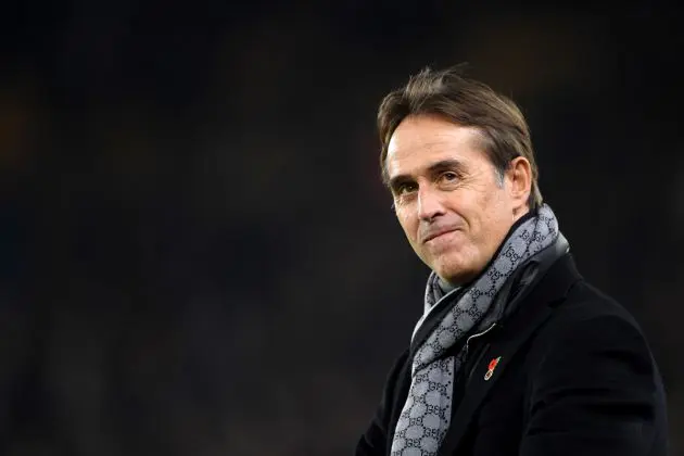 WOLVERHAMPTON, ENGLAND - NOVEMBER 12: Newly appointed Wolverhampton Wanderers manager, Julen Lopetegui acknowledges the fans prior to the Premier League match between Wolverhampton Wanderers and Arsenal FC at Molineux on November 12, 2022 in Wolverhampton, England. (Photo by Harriet Lander/Getty Images)