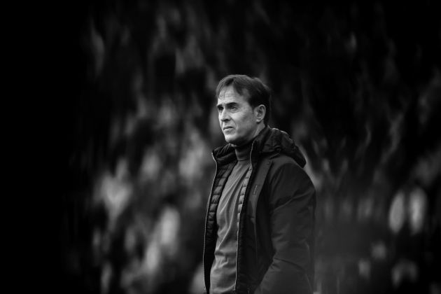 WOLVERHAMPTON, ENGLAND - DECEMBER 31: (EDITORS NOTE - This image has been converted to black and white) Serie A linked Julen Lopetegui, Manager of Wolverhampton Wanderers during the Premier League match between Wolverhampton Wanderers and Manchester United at Molineux on December 31, 2022 in Wolverhampton, England. (Photo by Naomi Baker/Getty Images)