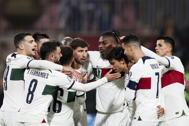 Portugal national team soccer player Joao Felix (3-R) celebrates with his team mates, including Milan star Rafael Leao, after scoring a goal during the UEFA EURO 2024 group J qualifying soccer match between Bosnia & Herzegovina and Portugal in Zenica, Bosnia and Hercegovina, 16 October 2023. EPA-EFE/JOSE SENA GOULAO