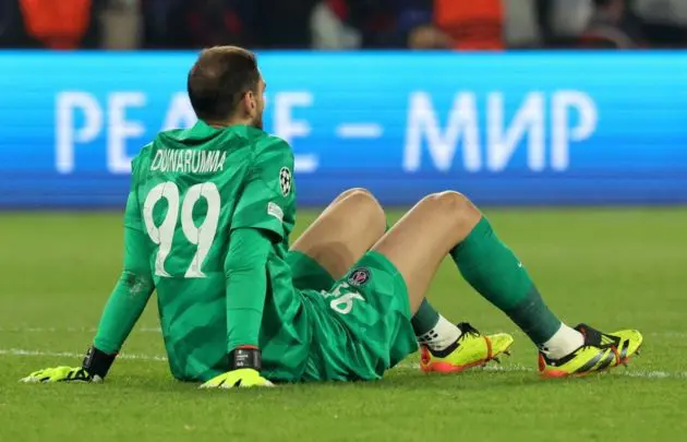 PSG goalkeeper Gianluigi Donnarumma sits on the pitch after the UEFA Champions League semi-finals, 2nd leg soccer match of Paris Saint-Germain against Borussia Dortmund, in Paris, France, 07 May 2024. PSG lost the match 0-1 and the tie 0-2 on aggregate with Borussia Dortmund advancing to the final. EPA-EFE/TERESA SUAREZ