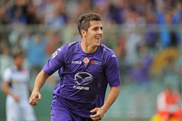 Stevan Jovetic celebrates after scoring the opening goal during the Italian Serie A soccer match between AC Fiorentina and Bologna FC at Artemio Franchi Stadium in Florence, Italy, 07 October 2012. EPA/MAURIZIO DEGL' INNOCENTI