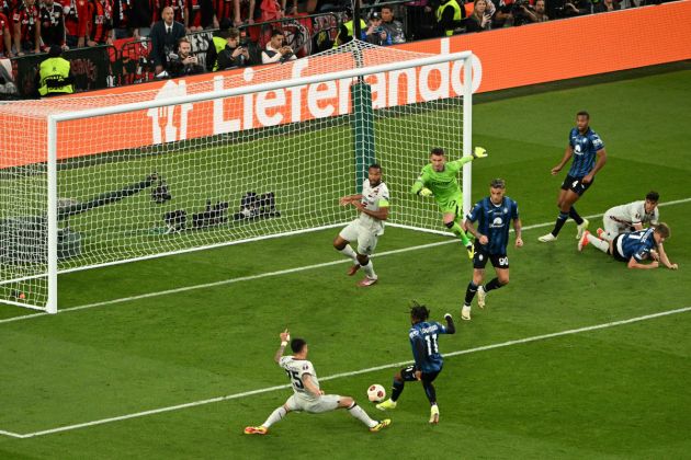 Atalanta forward Ademola Lookman scores his team's first goal during the UEFA Europa League final football match between Atalanta and Bayer Leverkusen at the Dublin Arena stadium, in Dublin, on May 22, 2024. (Photo by Oli SCARFF / AFP) (Photo by OLI SCARFF/AFP via Getty Images)