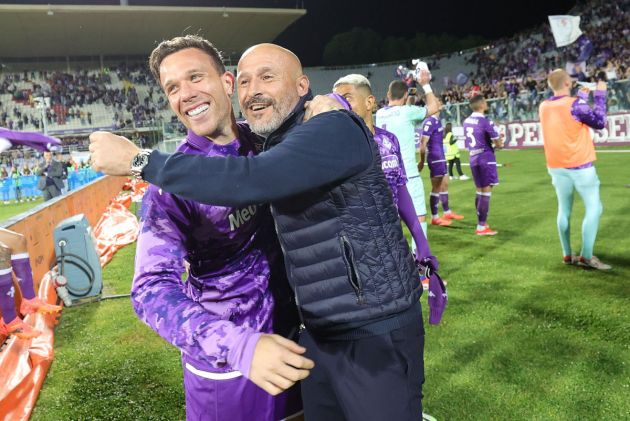 FLORENCE, ITALY - MAY 13: Head coach Vincenzo Italiano manager of ACF Fiorentina and Arthur Melo of ACF Fiorentina celebrate the victory after during the Serie A TIM match between ACF Fiorentina and AC Monza at Stadio Artemio Franchi on May 13, 2024 in Florence, Italy.(Photo by Gabriele Maltinti/Getty Images)