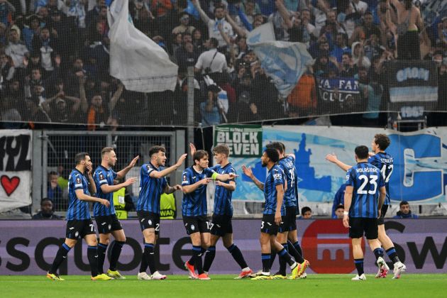 MARSEILLE, FRANCE - MAY 02: Gianluca Scamacca of Atalanta BC celebrates scoring his team's first goal with teammates during the UEFA Europa League 2023/24 Semi-Final first leg match between Olympique de Marseille and Atalanta BC at Stade de Marseille on May 02, 2024 in Marseille, France. (Photo by Chris Ricco/Getty Images)