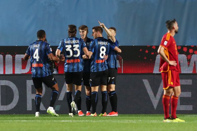 BERGAMO, ITALY - MAY 12: Charles De Ketelaere of Atalanta BC celebrates scoring his team's second goal with teammates during the Serie A TIM match between Atalanta BC and AS Roma at Gewiss Stadium on May 12, 2024 in Bergamo, Italy. (Photo by Marco Luzzani/Getty Images)