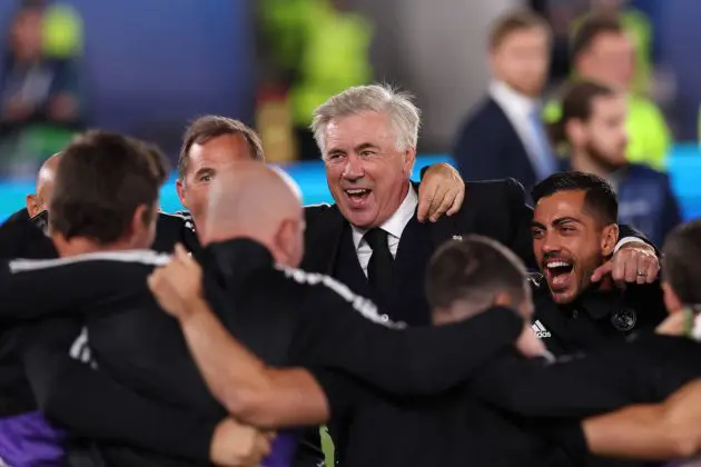 HELSINKI, FINLAND - AUGUST 10: Carlo Ancelotti, Head Coach of Real Madrid, celebrates after the final whistle of the UEFA Super Cup Final 2022 between Real Madrid CF and Eintracht Frankfurt at Helsinki Olympic Stadium on August 10, 2022 in Helsinki, Finland. (Photo by Alex Grimm/Getty Images )