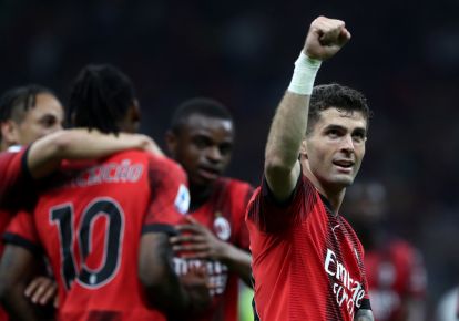 MILAN, ITALY - MAY 11: Christian Pulisic of AC Milan (R) celebrates scoring his team's second goal during the Serie A TIM match between AC Milan and Cagliari at Stadio Giuseppe Meazza on May 11, 2024 in Milan, Italy. (Photo by Marco Luzzani/Getty Images)