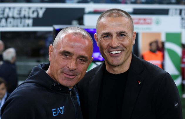 UDINE, ITALY - MAY 06: Francesco Calzona, Head Coach of SSC Napoli, and Fabio Cannavaro, Head Coach of Udinese Calcio, pose for a photo prior to the Serie A TIM match between Udinese Calcio and SSC Napoli at Dacia Arena on May 06, 2024 in Udine, Italy. (Photo by Alessandro Sabattini/Getty Images)