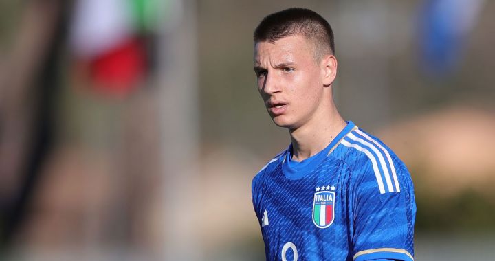 FLORENCE, ITALY - FEBRUARY 13: Francesco Camarda of Italy U17 looks on during the International friendly match between Italy U17 and France U17 at Centro Tecnico Federale di Coverciano on February 13, 2024 in Florence, Italy. (Photo by Gabriele Maltinti/Getty Images)