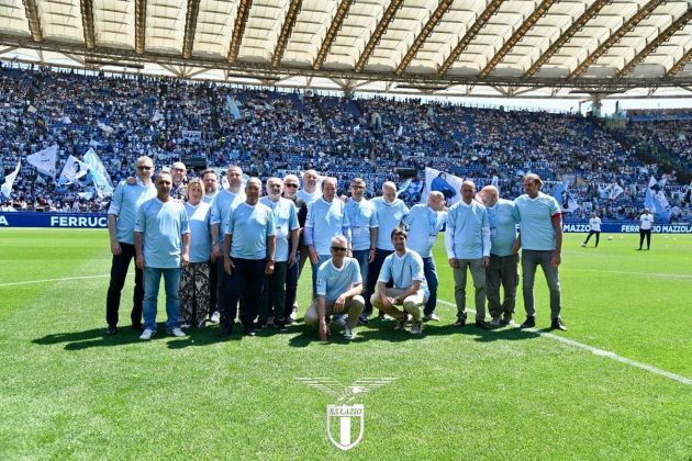 Members of the Lazio 1973-74 Scudetto winning squad celebrate the 50th anniversary before kick-off between Lazio and Empoli in Serie A on May 12, 2024.