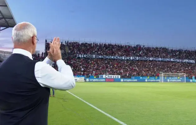 Ranieri salutes Cagliari supporters, who pay their respect ahead of the 72-year-old's last Serie A match in charge of the club.