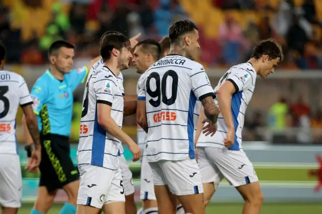 LECCE, ITALY - MAY 18: Gianluca Scamacca of Atalanta celebrates with his teammates after scoring his team's second goal during the Serie A TIM match between US Lecce and Atalanta BC at Stadio Via del Mare on May 18, 2024 in Lecce, Italy. (Photo by Maurizio Lagana/Getty Images)