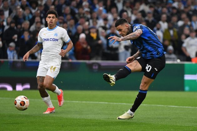 Atalanta's Italian forward #90 Gianluca Scamacca (R) shoots to score Atalanta's first goal during the UEFA Europa League semi-final first leg football match between Jean-Louis Gasset's Olympique de Marseille (OM) and Atalanta at the Stade Velodrome in Marseille, southern France, on May 2, 2024. (Photo by Sylvain THOMAS / AFP) (Photo by SYLVAIN THOMAS/AFP via Getty Images)