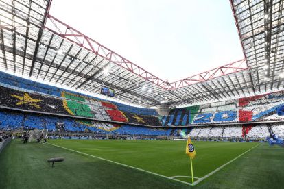 MILAN, ITALY - MAY 19: A general view of the inside of the stadium as fans form a TIFO prior to the Serie A TIM match between FC Internazionale and SS Lazio at Stadio Giuseppe Meazza on May 19, 2024 in Milan, Italy. (Photo by Marco Luzzani/Getty Images)