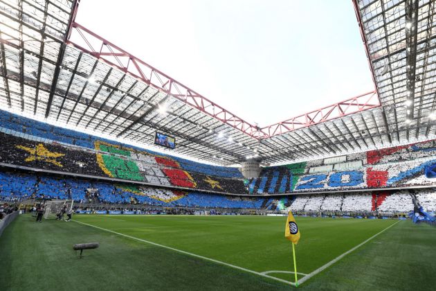 MILAN, ITALY - MAY 19: A general view of the inside of the stadium as fans form a TIFO prior to the Serie A TIM match between FC Internazionale and SS Lazio at Stadio Giuseppe Meazza on May 19, 2024 in Milan, Italy. (Photo by Marco Luzzani/Getty Images)