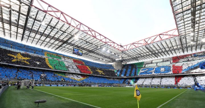 MILAN, ITALY - MAY 19: A general view of the inside of the stadium as fans form a TIFO prior to the Serie A TIM match between FC Internazionale and SS Lazio at Stadio Giuseppe Meazza on May 19, 2024 in Milan, Italy. (Photo by Marco Luzzani/Getty Images)