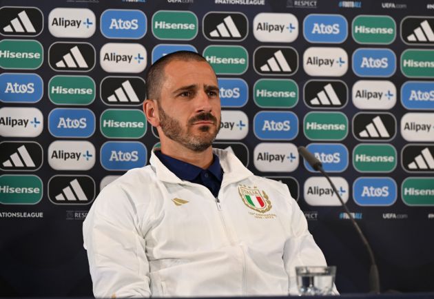 ENSCHEDE, NETHERLANDS - JUNE 14: Leonardo Bonucci of Italy speaks with the media prior to the UEFA Nations League 2022/23 at FC Twente Stadium on June 14, 2023 in Enschede, Netherlands. (Photo by Claudio Villa/Getty Images)