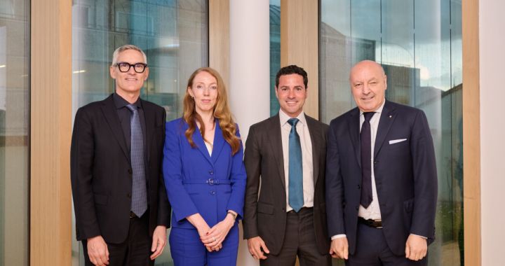 MILAN, ITALY - MAY 22: (L-R) CEO Corporate FC Internazionale Alessandro Antonello, Oaktree's Global Opportunities strategy Managing Director Katherine Ralph, Managing Director and Co-Head of Europe for Oaktree's Global Opportunities strategy Alejandro Cano, CEO Sport FC Internazionale Giuseppe Marotta attend a meeting between FC Internazionale new owners Oaktree and Club's Management on May 22, 2024 in Milan, Italy. (Photo by Guido De Bortoli/Getty Images)