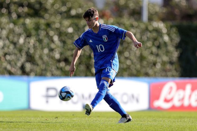 FLORENCE, ITALY - FEBRUARY 13: Mattia Liberali of Italy U17 in action during the International friendly match between Italy U17 and France U17 at Centro Tecnico Federale di Coverciano on February 13, 2024 in Florence, Italy. (Photo by Gabriele Maltinti/Getty Images)