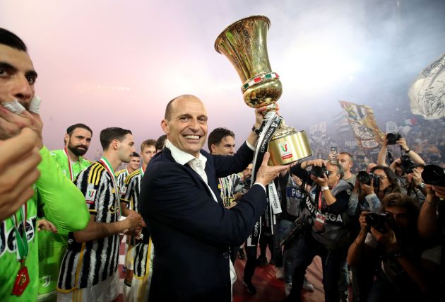 ROME, ITALY - MAY 15: Massimiliano Allegri, Head Coach of Juventus, lifts the Coppa Italia trophy after the team's victory during the Coppa Italia 2023/2024 Final match between Atalanta BC and Juventus FC at Olimpico Stadium on May 15, 2024 in Rome, Italy. (Photo by Paolo Bruno/Getty Images)