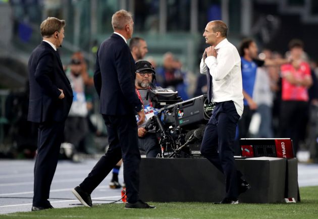 ROME, ITALY - MAY 15: Massimiliano Allegri, Head Coach of Serie A side Juventus, reacts after being shown a red card during the Coppa Italia 2023/2024 Final match between Atalanta BC and Juventus FC at Olimpico Stadium on May 15, 2024 in Rome, Italy. (Photo by Paolo Bruno/Getty Images)