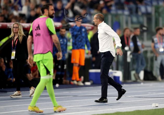 ROME, ITALY - MAY 15: Massimiliano Allegri, Head Coach of Juventus, reacts after being shown a red card during the Coppa Italia 2023/2024 Final match between Atalanta BC and Juventus FC at Olimpico Stadium on May 15, 2024 in Rome, Italy. (Photo by Paolo Bruno/Getty Images)