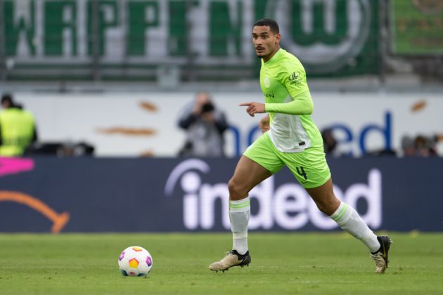 FRANKFURT AM MAIN, GERMANY - FEBRUARY 25: Maxence Lacroix of VfL Wolfsburg in action during the Bundesliga match between Eintracht Frankfurt and VfL Wolfsburg at Deutsche Bank Park on February 25, 2024 in Frankfurt am Main, Germany. (Photo by Christian Kaspar-Bartke/Getty Images)