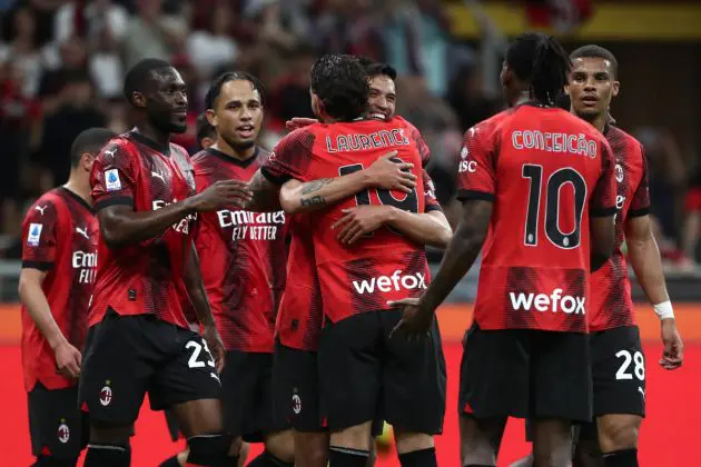 MILAN, ITALY - MAY 11: Tijjani Reijnders of AC Milan (C) celebrates scoring his team's third goal with teammates during the Serie A TIM match between AC Milan and Cagliari at Stadio Giuseppe Meazza on May 11, 2024 in Milan, Italy. (Photo by Marco Luzzani/Getty Images)