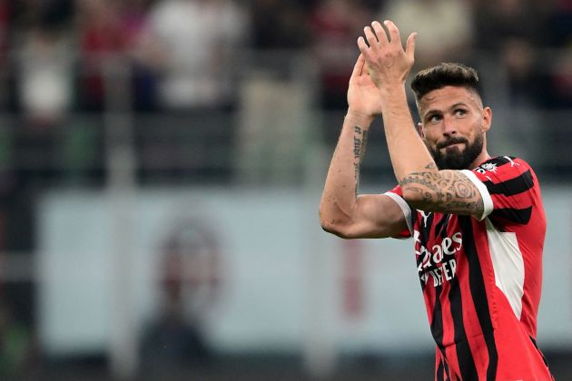 AC Milan's French forward #09 Olivier Giroud greets the fans as he leaves the pitch after a substitution during the Italian Serie A football match between AC Milan and Salernitana at San Siro Stadium, in Milan on May 25, 2024. scor (Photo by MARCO BERTORELLO / AFP) (Photo by MARCO BERTORELLO/AFP via Getty Images)