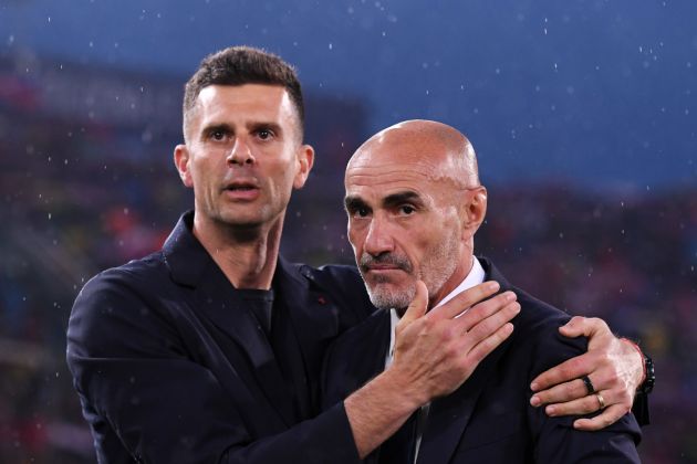 BOLOGNA, ITALY - MAY 20: Thiago Motta, Head Coach of Bologna FC (L) and Paolo Montero, Interim Coach of Juventus, interact prior to the Serie A TIM match between Bologna FC and Juventus at Stadio Renato Dall'Ara on May 20, 2024 in Bologna, Italy. (Photo by Alessandro Sabattini/Getty Images)