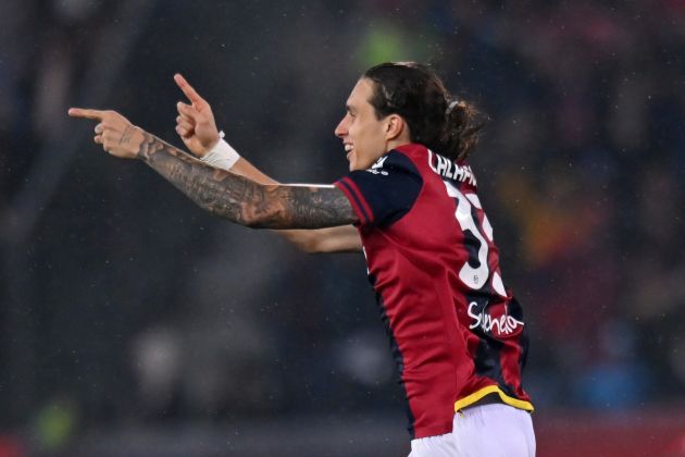 BOLOGNA, ITALY - MAY 20: Riccardo Calafiori of Bologna FC celebrates scoring his team's first goal during the Serie A TIM match between Bologna FC and Juventus at Stadio Renato Dall'Ara on May 20, 2024 in Bologna, Italy. (Photo by Alessandro Sabattini/Getty Images)