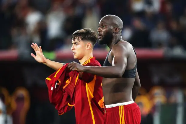 ROME, ITALY - MAY 19: Romelu Lukaku of AS Roma celebrates with teammate Paulo Dybala after scoring his team's first goal during the Serie A TIM match between AS Roma and at Stadio Olimpico on May 19, 2024 in Rome, Italy. (Photo by Paolo Bruno/Getty Images)