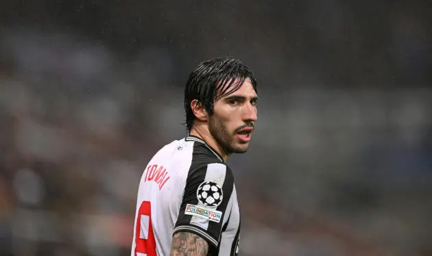 NEWCASTLE UPON TYNE, ENGLAND - OCTOBER 25: Newcastle player Sandro Tonali looks on during the UEFA Champions League match between Newcastle United FC and Borussia Dortmund at St. James Park on October 25, 2023 in Newcastle upon Tyne, England. (Photo by Stu Forster/Getty Images)