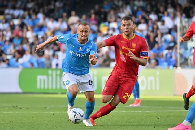 NAPLES, ITALY – MAY 26: Stanislav Lobotka of SSC Napoli battles for possession with Alexis Blin of US Lecce during the Serie A TIM match between SSC Napoli and US Lecce at Stadio Diego Armando Maradona on May 26, 2024 in Naples, Italy. (Photo by Francesco Pecoraro/Getty Images)