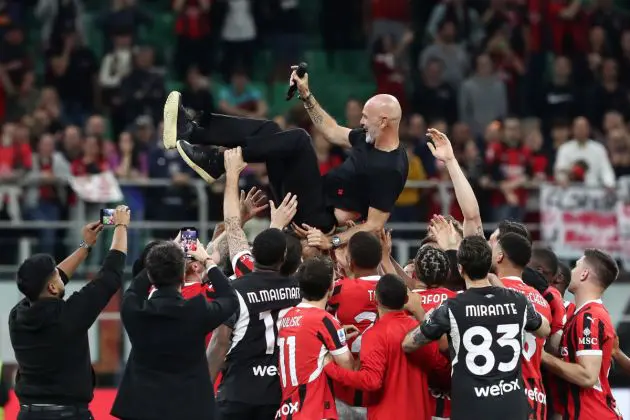 MILAN, ITALY - MAY 25: Stefano Pioli, Head Coach of AC Milan, is thrown in the air by his players after the Serie A TIM match between AC Milan and US Salernitana at Stadio Giuseppe Meazza on May 25, 2024 in Milan, Italy. (Photo by Marco Luzzani/Getty Images)