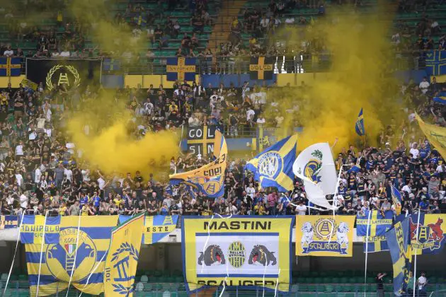 VERONA, ITALY - MAY 12: Fans of Hellas Verona FC show their support prior to the Serie A TIM match between Hellas Verona FC and Torino FC at Stadio Marcantonio Bentegodi on May 12, 2024 in Verona, Italy. (Photo by Alessandro Sabattini/Getty Images)