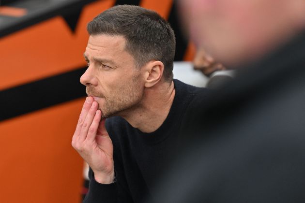 Bayer Leverkusen's Spanish head coach Xabi Alonso looks on ahead of kick-off in the UEFA Europa League final football match between Atalanta and Bayer Leverkusen at the Dublin Arena stadium, in Dublin, on May 22, 2024. (Photo by Glyn KIRK / AFP) (Photo by GLYN KIRK/AFP via Getty Images)