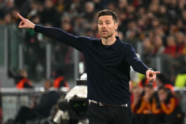 Bayer Leverkusen's Spanish head coach Xabi Alonso reacts during the UEFA Europa League semi final first leg football match between AS Roma and Bayer Leverkusen at the Olympic stadium on May 2, 2024 in Rome. (Photo by Alberto PIZZOLI / AFP) (Photo by ALBERTO PIZZOLI/AFP via Getty Images)